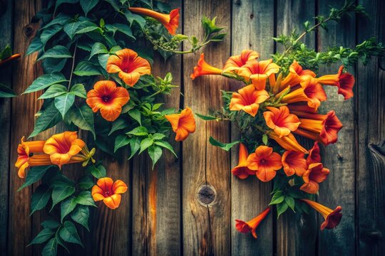 Trumpet Creeper Vintage Photo:  Antique Botanical Illustration,  Campis Grandiflora, Climbing Vine,  Orange Flowers,  Retro Photography,  Nature Still Life
