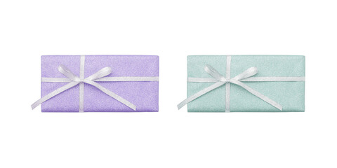 Clipped photo of lame pale purple and pale blue-green gift box with silver lame ribbon