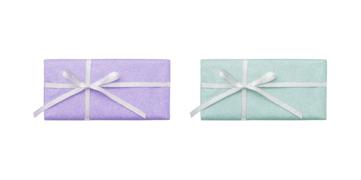 Clipped photo of lame pale purple and pale blue-green gift box with silver lame ribbon
