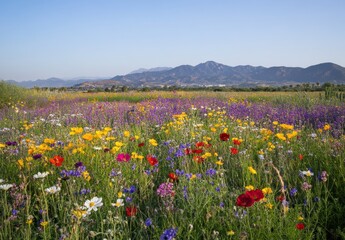 Obraz premium Vibrant Wildflower Field in Full Bloom Under Clear Blue Sky with Majestic Mountains in the Background, Showcasing Nature's Splendor and Seasonal Beauty