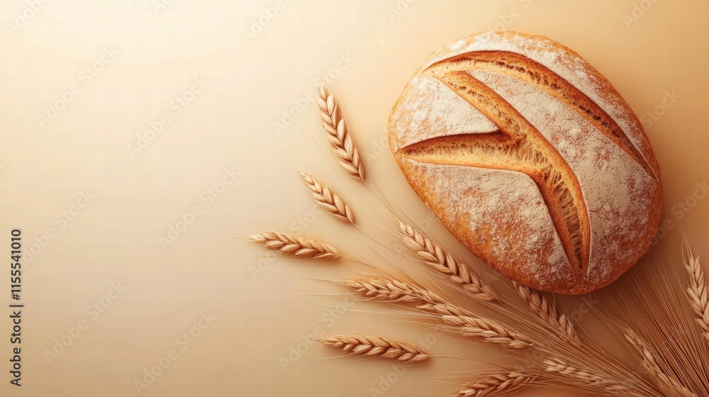Poster Minimalist bread loaf with wheat grains on soft background perfect for mock up or template with copy space. Generative AI