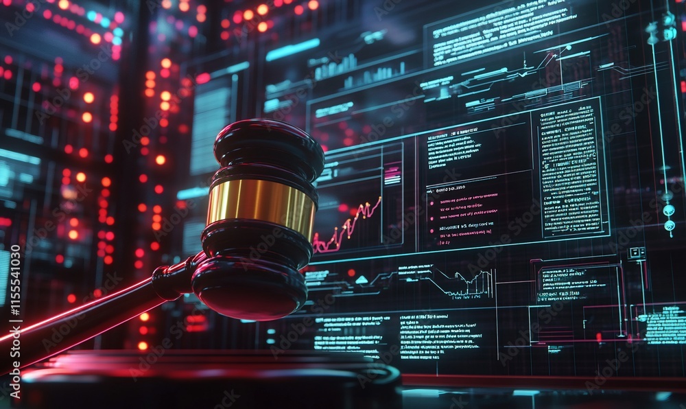 Poster a gavel in front of a digital interface showcasing legal data and analytics.