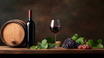 Elegant wine display with bottle, glass, grapes, and wooden barrel in a cozy setting