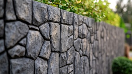 A close-up of a prefab concrete panel with detailed stone-like texture, forming part of a boundary fence.