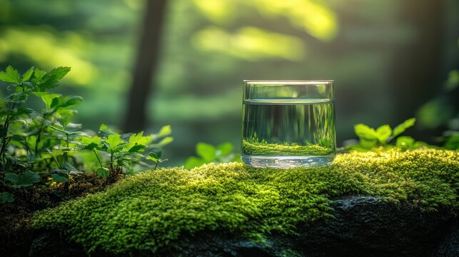 Clear glass of water on mossy rock in forest.