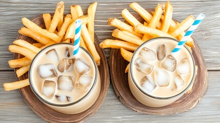 Iced Coffee and French Fries on Wooden Tray