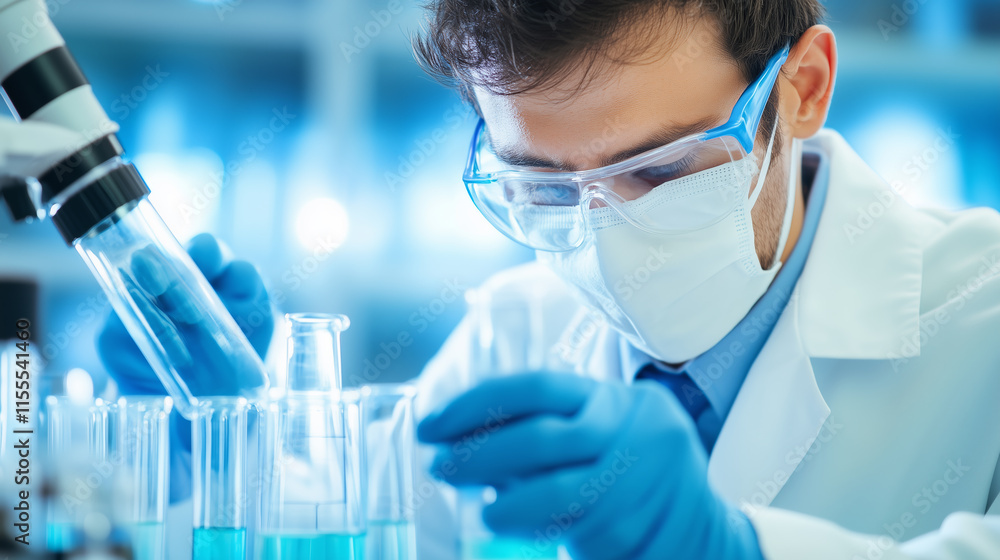 Poster scientist conducts experiment in laboratory using advanced glassware and microscope during research 