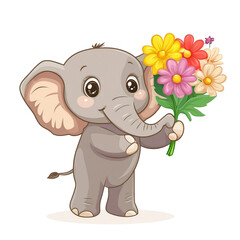 Naklejka premium Adorable Baby Elephant Holding a Bouquet of Colorful Flowers