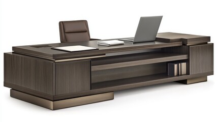 Modern executive desk with leather chair, laptop, and built-in storage.