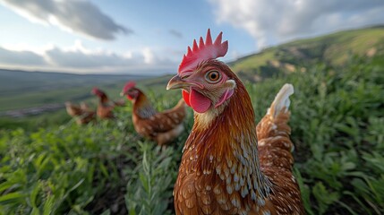 Close-up of a curious hen in a grassy field, surrounded by other hens, against a backdrop of rolling hills.