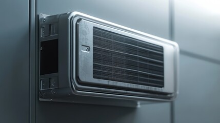 Fototapeta premium A close-up of a wall-mounted air conditioner with a protective cover and sturdy brackets.