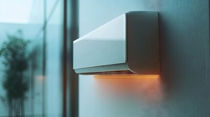A close-up of a wall-mounted outdoor air conditioning unit with clean, minimalist design.