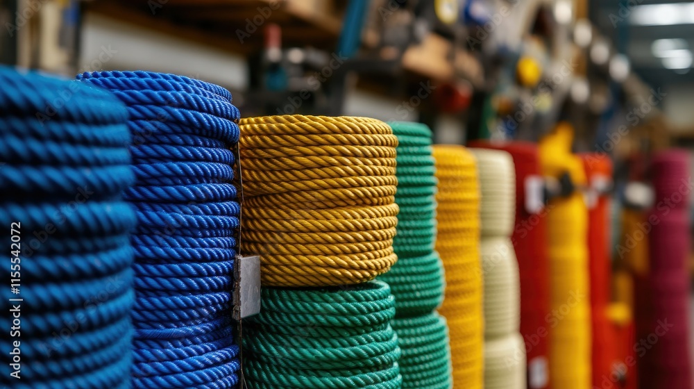 Canvas Prints a close-up of colorful polyethylene rope rolls neatly stacked in a warehouse, showcasing their vibra