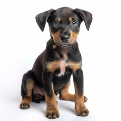 Obraz premium Cute puppy with black and tan fur sitting on a white background