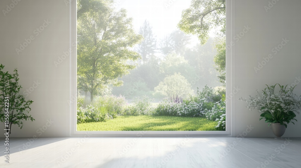 Poster Bright garden seen through a large window creates a serene and inviting atmosphere indoors. Generative AI