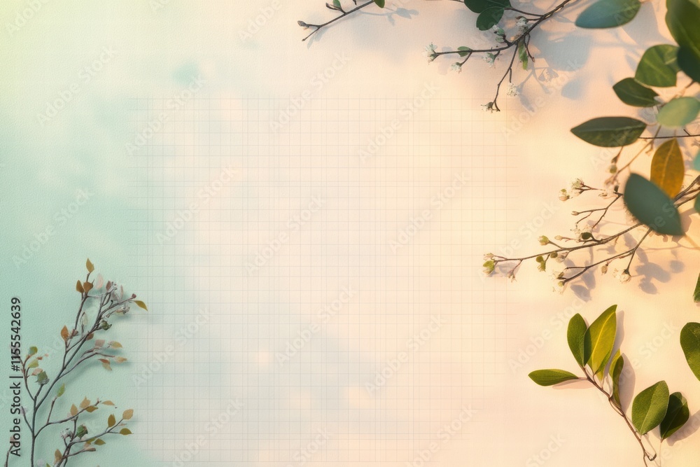 Poster minimalist planner layout featuring subtle grid lines and botanical elements in a serene workspace. 