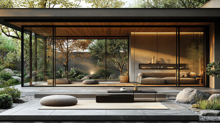 Serene Modern Patio Design: A minimalist architectural marvel seamlessly blends indoor and outdoor living spaces.  Floor-to-ceiling glass walls bathe the contemporary living area in natural light.