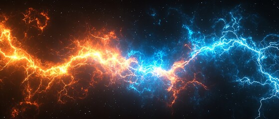 Naklejka premium Vibrant electric blue and orange lightning bolt with complex branching veins, glowing brightly against a black background, embodying energy and power