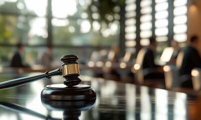 A gavel on a table with blurred figures in a courtroom setting.