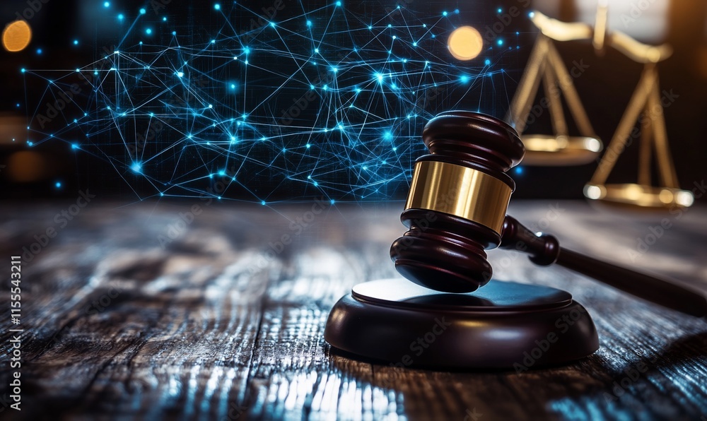 Aufkleber a gavel on a wooden table with a digital network and scales in the background.