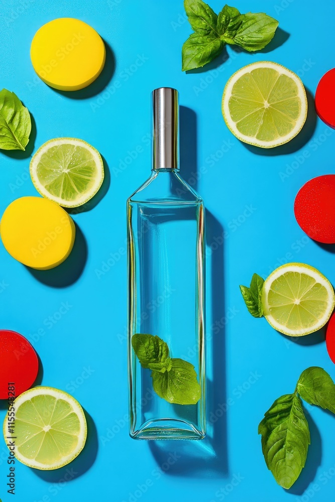 Poster a clear bottle with basil leaves, surrounded by lime slices and colorful circular objects.