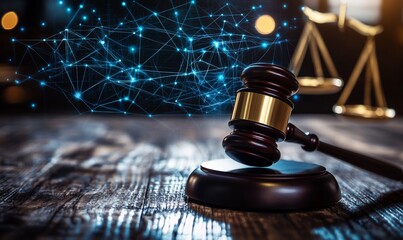 A gavel on a wooden table with a digital network and scales in the background.