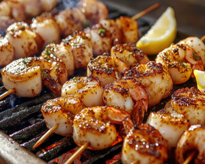Grill Packed with Sizzling Seafood Skewers of Shrimp, Scallops, and Vegetables