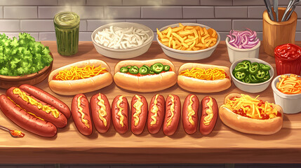 A customizable hot dog station with fluffy buns, perfectly grilled sausages, and a variety of toppings such as mustard, ketchup, relish, diced onions, shredded cheese, and jalape&ntilde;os placed on 