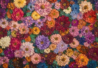 Vivid and Colorful Floral Arrangement Featuring Varieties of Dahlias, Zinnias, and Other Flowers in Bright Shades of Pink, Red, Purple, Orange, and Yellow on a Textured Background
