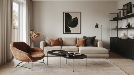 Modern living room interior design with beige sofa, armchair, coffee tables, and shelving unit.