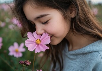 Young Girl Enjoying the Scent of Pink Cosmos Flower in a Beautiful Field during Daytime with Soft Natural Light Illuminating Her Face