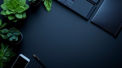 Dark desk with plants, laptop, phone, and pen.