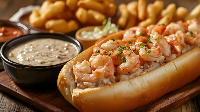 A fresh seafood platter arranged with lobster rolls stuffed with tender lobster meat, creamy clam chowder in a bread bowl, crispy fried shrimp, and a side of tartar sauce served on a coastal-themed 