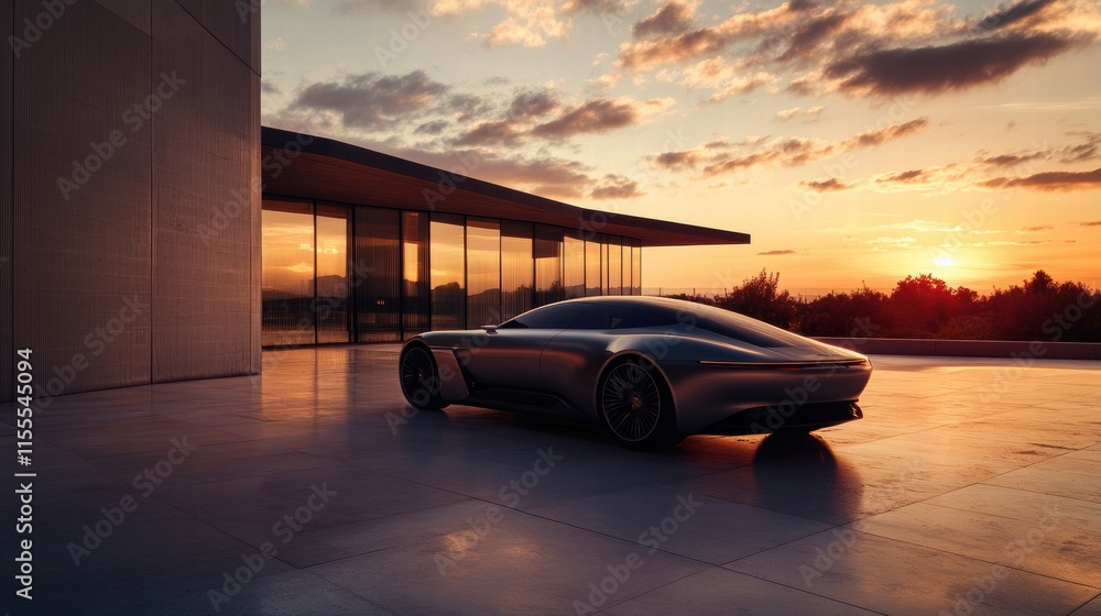 Aufkleber sleek luxury car parked in a modern setting during sunset with dramatic clouds. generative ai