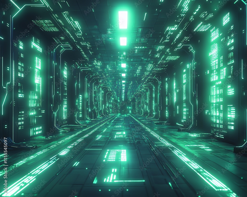 Poster a futuristic green room with neon lights glowing across the space, creating an abstract digital back