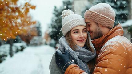 Obraz premium Happy couple embracing in a snowy winter setting with warm clothes and falling snowflakes