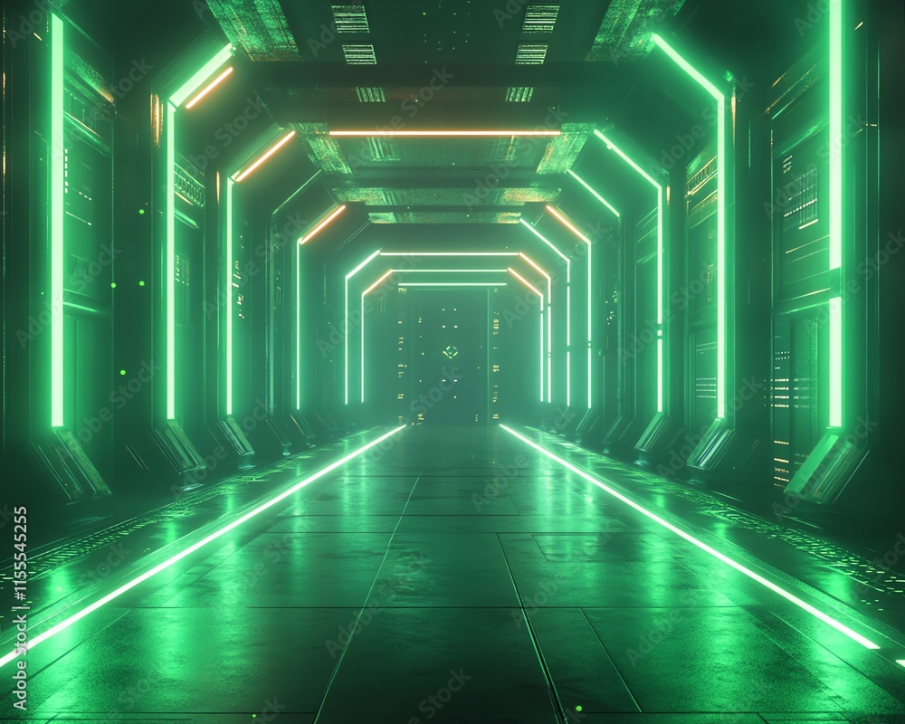 Poster a futuristic green room with neon lights glowing across the space, creating an abstract digital back