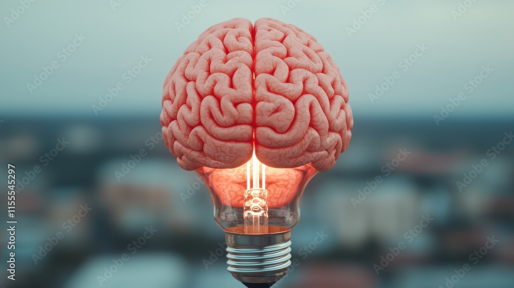 Poster brain merging with light bulb, innovative problem-solving and business mindset