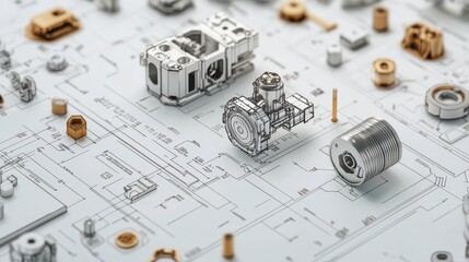 Detailed Mechanical Schematics with Components on Table
