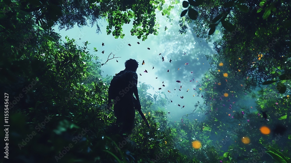 Poster man walking through dense jungle with many butterflies.