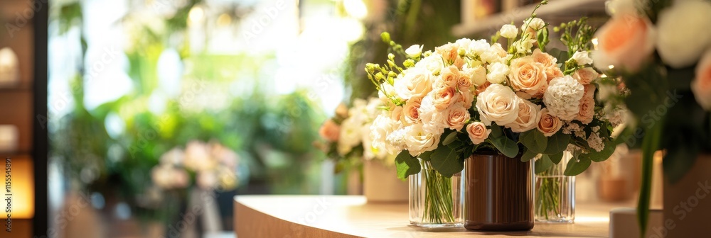 Poster Stylish flower storefront display with elegant vases showcasing fresh blooms in a vibrant setting. Generative AI