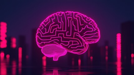 Neon brain illuminating futuristic cityscape: innovation and technology