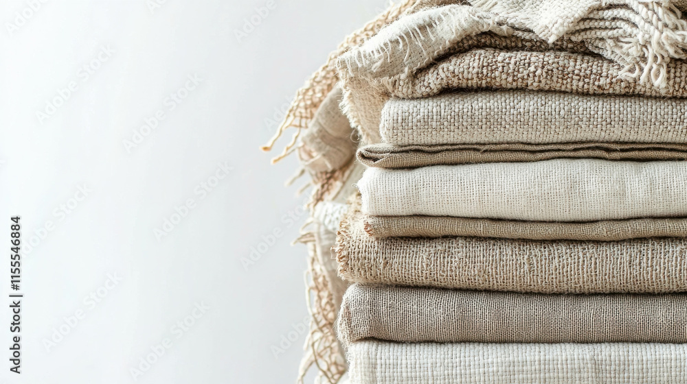 Poster stack of assorted textured fabrics in natural tones on a neutral background