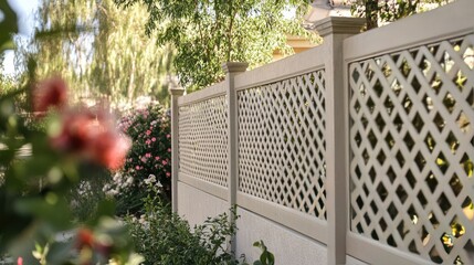 Fototapeta premium A decorative prefab concrete fence with lattice-style panels at the top, enhancing the charm of a residential property.
