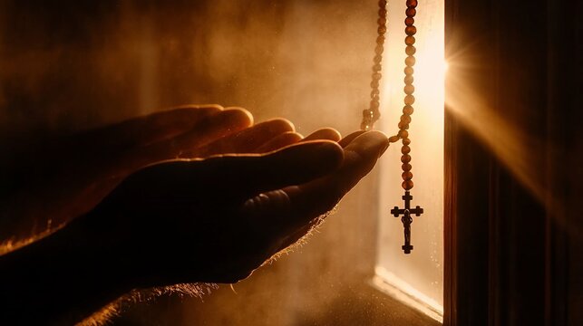 Praying hands holding rosary beads in backlit light.