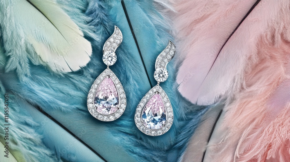 Poster elegant teardrop earrings with colorful feathers background