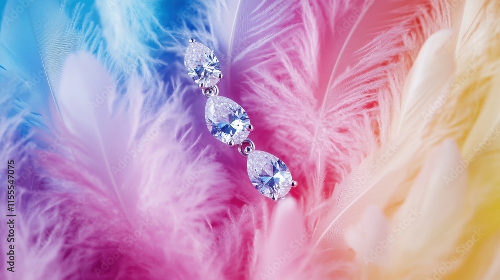 Poster colorful feathers and sparkling gems in a vivid background scene