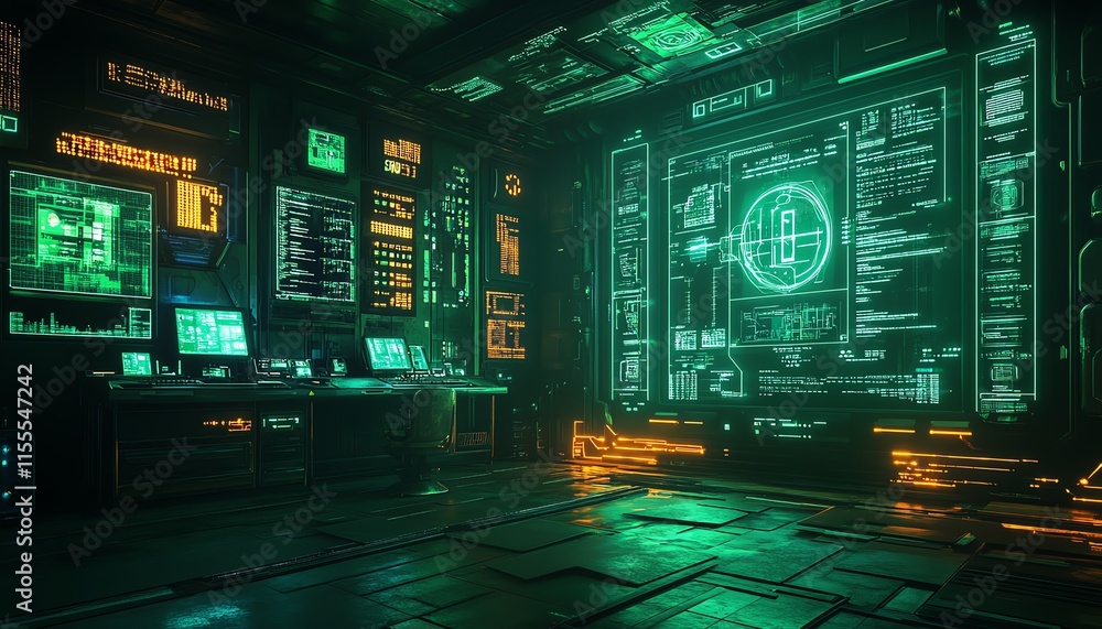 Poster a technologythemed green room with bright neon lights, creating an abstract, glowing background with
