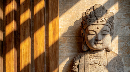 Stone Guardian Deity Statue in Chinese Style with Shadows and Warm Light