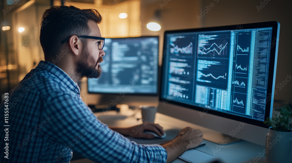 Poster professional working late at night on data analysis and programming in a modern office environment